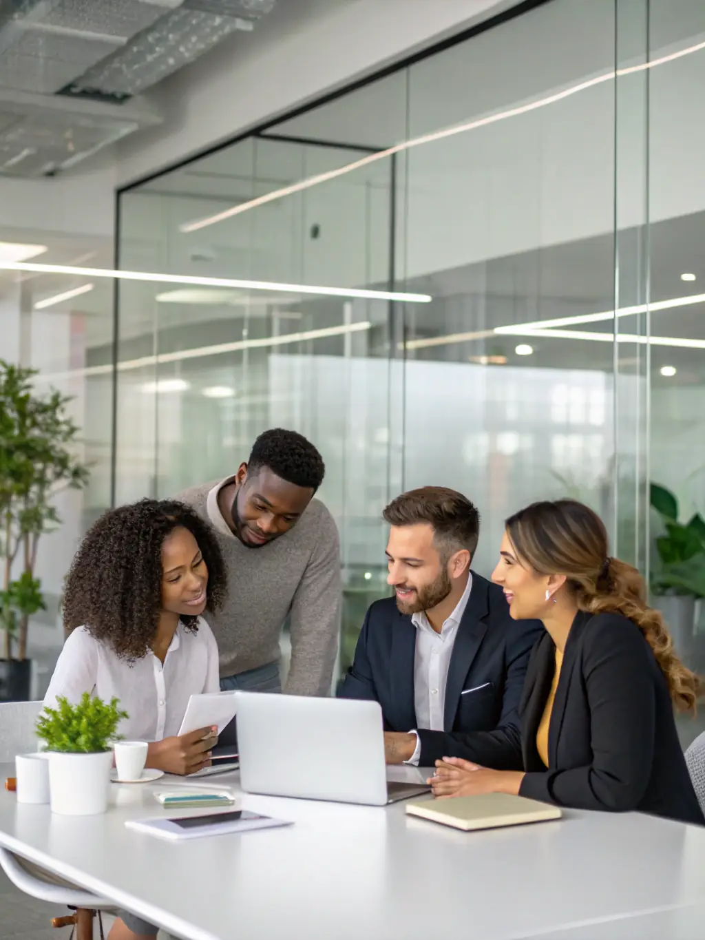 A diverse group of young professionals collaborating on their personal branding strategies in a modern office setting.