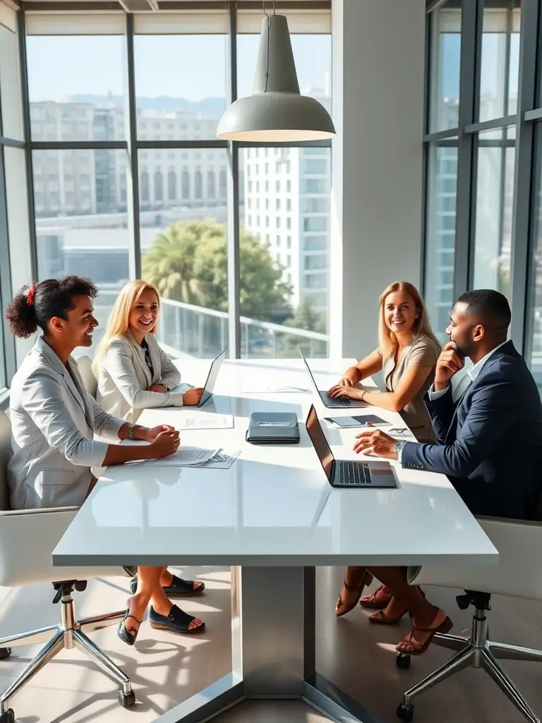 A diverse group of young professionals collaborating in a modern office setting, symbolizing personalized career support and professional growth.