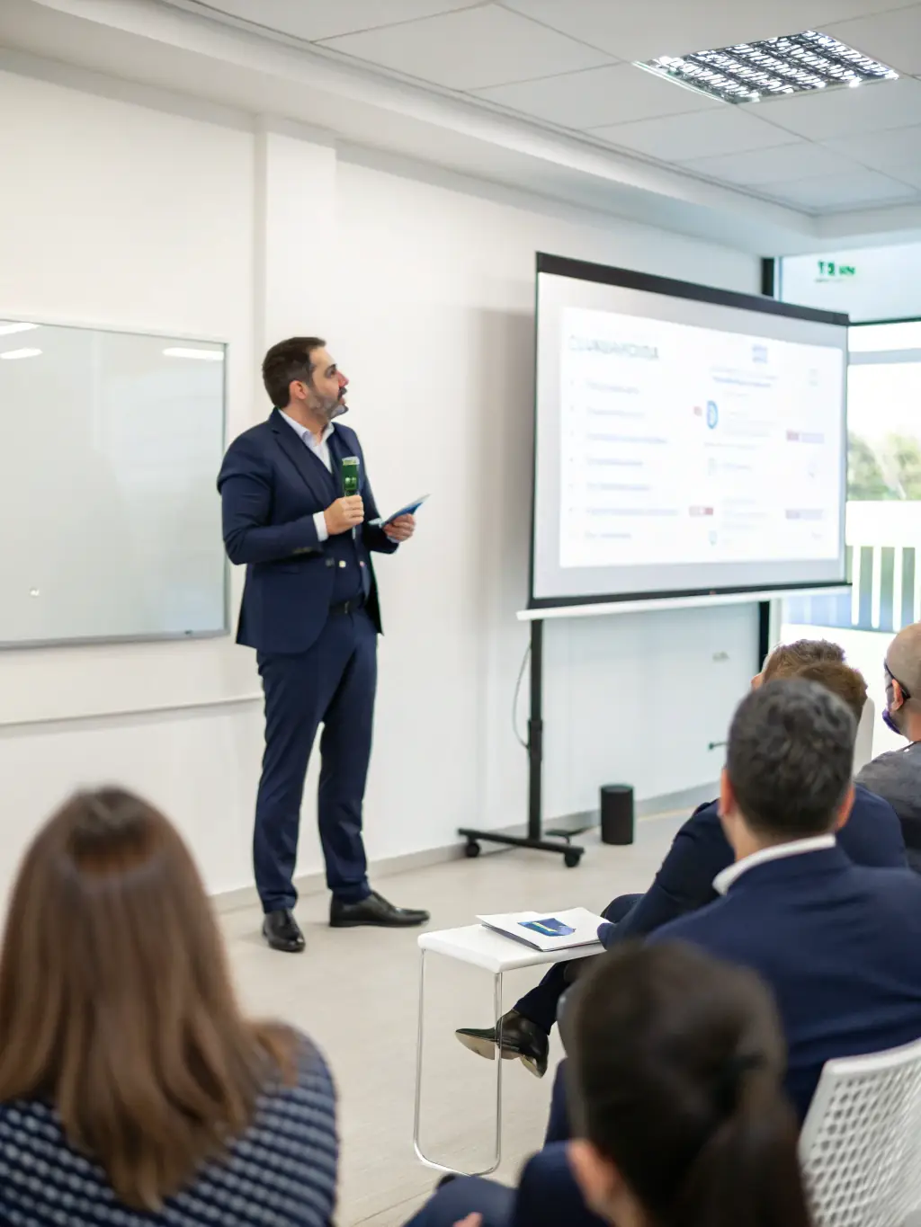 A confident young professional delivering a compelling oral presentation, demonstrating effective communication and engagement with the audience.